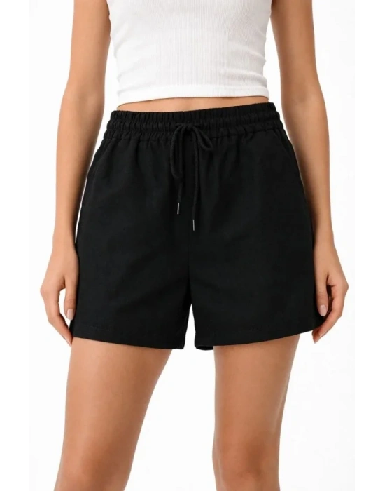 Keten Kumaş Cepli Rahat Kesim Bel astikli Şort  iyah