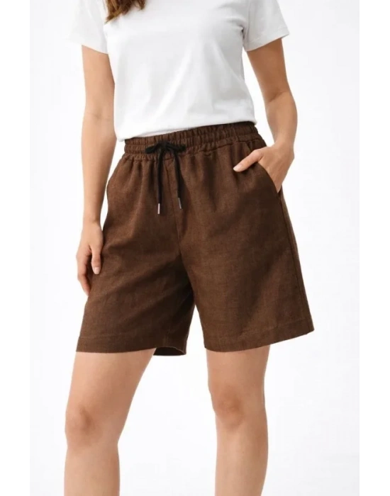 Keten Kumaş Cepli Rahat Kesim Bel astikli Şort  Kahverengi
