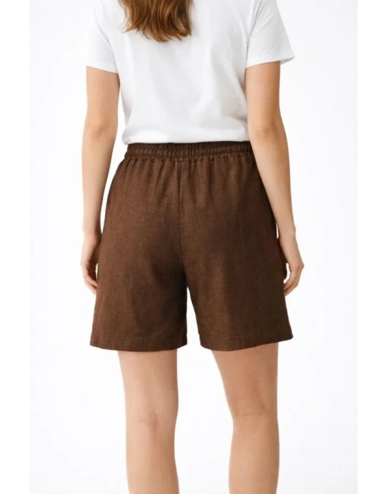 Keten Kumaş Cepli Rahat Kesim Bel astikli Şort  Kahverengi
