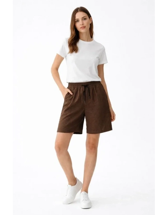Keten Kumaş Cepli Rahat Kesim Bel astikli Şort  Kahverengi