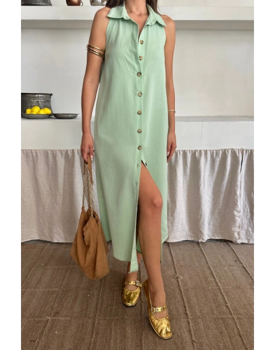 KETEN ÖNDEN DÜĞMELİ KOLUZ GÖMLEK YAKA ELBİE  Mint