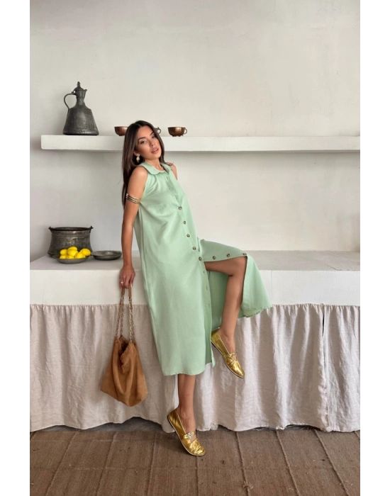 KETEN ÖNDEN DÜĞMELİ KOLUZ GÖMLEK YAKA ELBİE  Mint