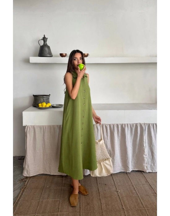 KETEN ÖNDEN DÜĞMELİ KOLUZ GÖMLEK YAKA ELBİE  Yağ Yeşili