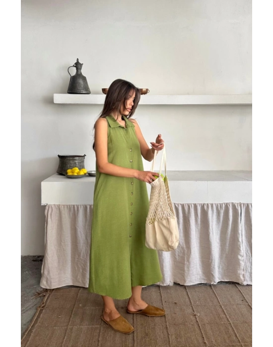 KETEN ÖNDEN DÜĞMELİ KOLUZ GÖMLEK YAKA ELBİE  Yağ Yeşili