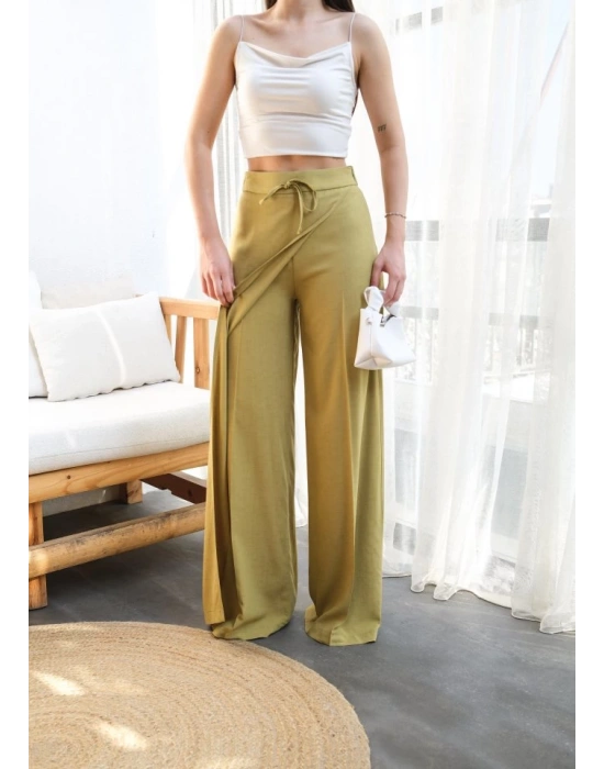 Keten Önü Çapraz Parçali asti̇kli̇ Ve Bağcikli Geni̇ş Paça Pantolon