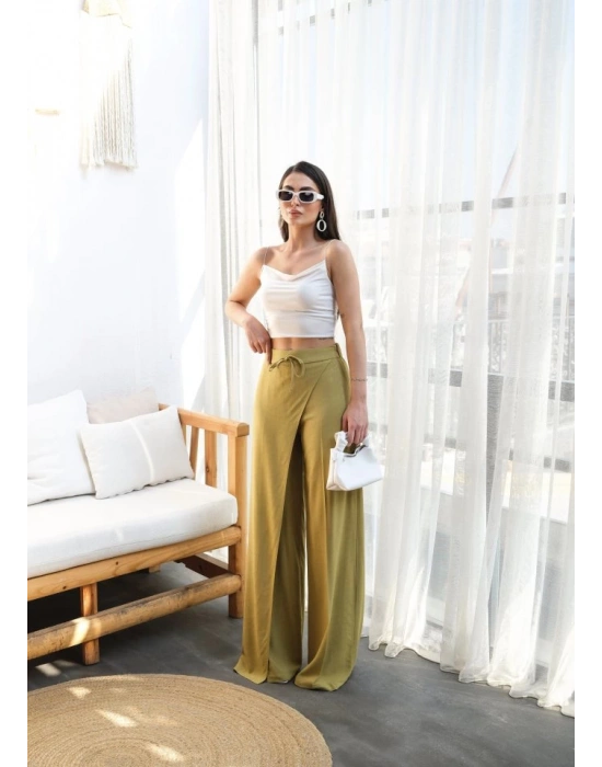 Keten Önü Çapraz Parçali asti̇kli̇ Ve Bağcikli Geni̇ş Paça Pantolon