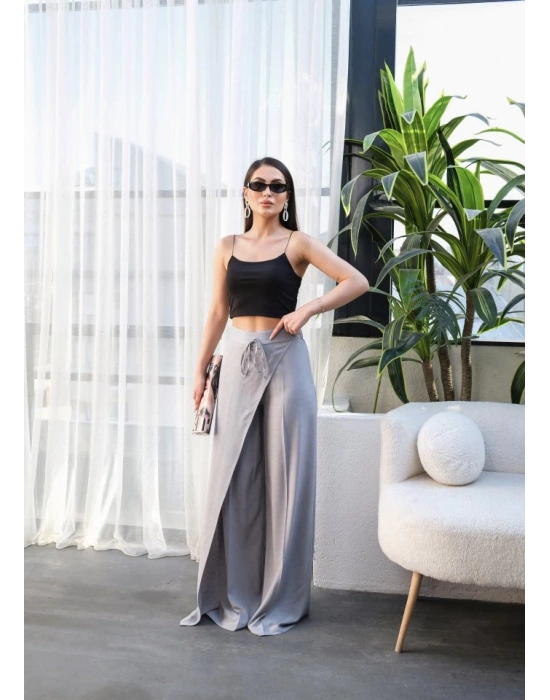 Keten Önü Çapraz Parçali Lasti̇kli̇ Ve Bağcikli Geni̇ş Paça Pantolon