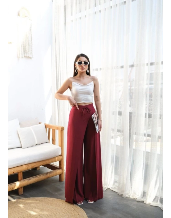 Keten Önü Çapraz Parçali Lasti̇kli̇ Ve Bağcikli Geni̇ş Paça Pantolon