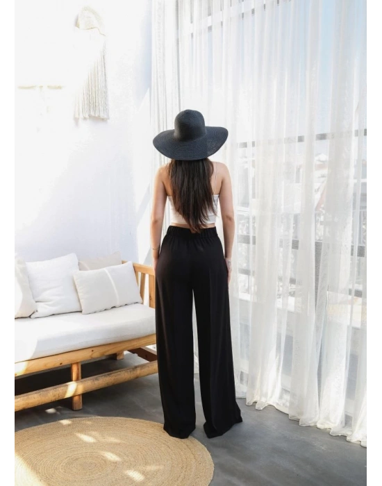 Keten Önü Çapraz Parçali Lasti̇kli̇ Ve Bağcikli Geni̇ş Paça Pantolon