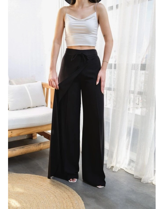 Keten Önü Çapraz Parçali Lasti̇kli̇ Ve Bağcikli Geni̇ş Paça Pantolon