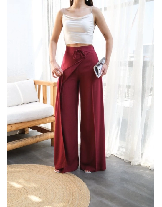 Keten Önü Çapraz Parçali Lasti̇kli̇ Ve Bağcikli Geni̇ş Paça Pantolon