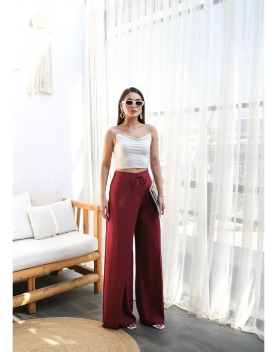 Keten Önü Çapraz Parçali Lasti̇kli̇ Ve Bağcikli Geni̇ş Paça Pantolon