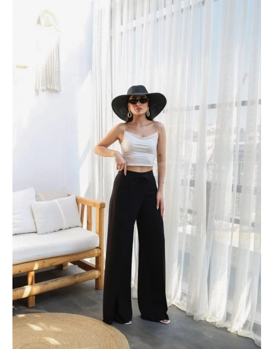 Keten Önü Çapraz Parçali Lasti̇kli̇ Ve Bağcikli Geni̇ş Paça Pantolon