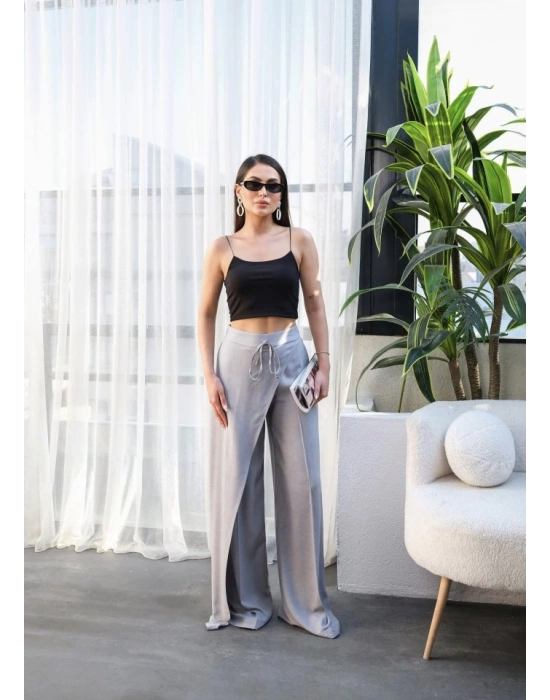 Keten Önü Çapraz Parçali Lasti̇kli̇ Ve Bağcikli Geni̇ş Paça Pantolon