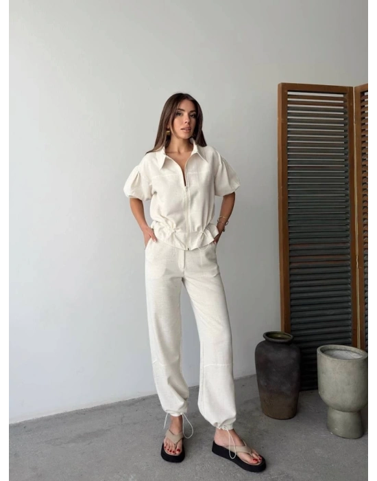Keten Tam Fermuarlı Kısa Kollu Gömlek Pantolon Ikili Takım  Beyaz