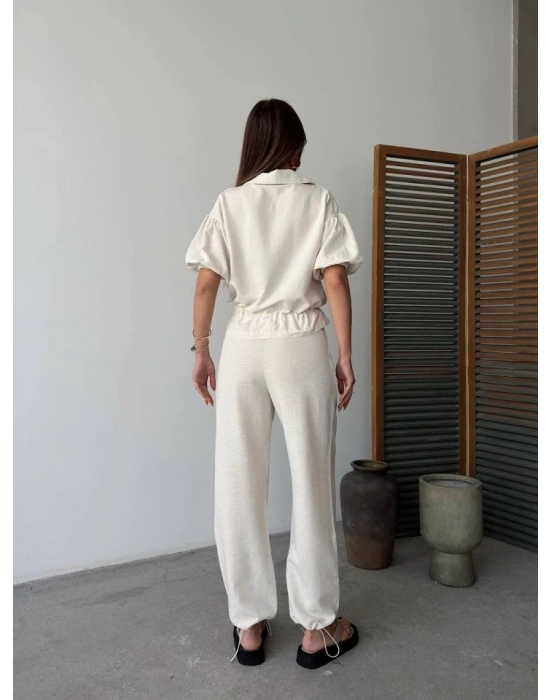 Keten Tam Fermuarlı Kısa Kollu Gömlek Pantolon Ikili Takım  Beyaz