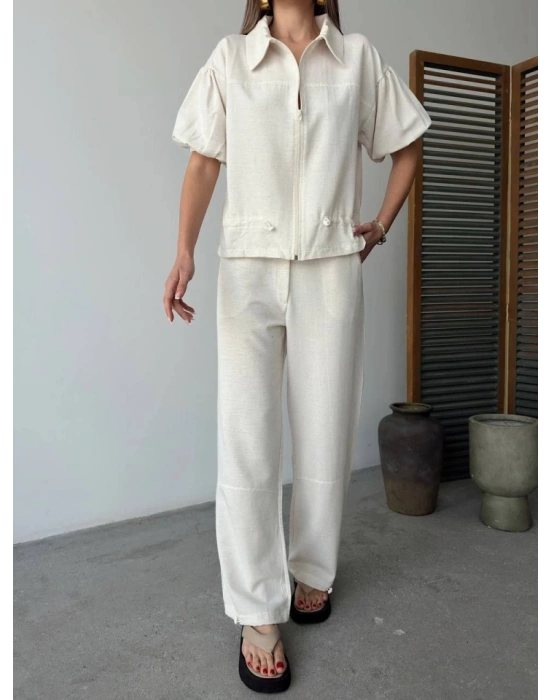 Keten Tam Fermuarlı Kısa Kollu Gömlek Pantolon Ikili Takım  Beyaz