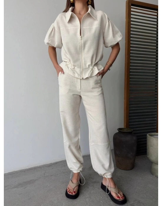 Keten Tam Fermuarlı Kısa Kollu Gömlek Pantolon Ikili Takım  Beyaz