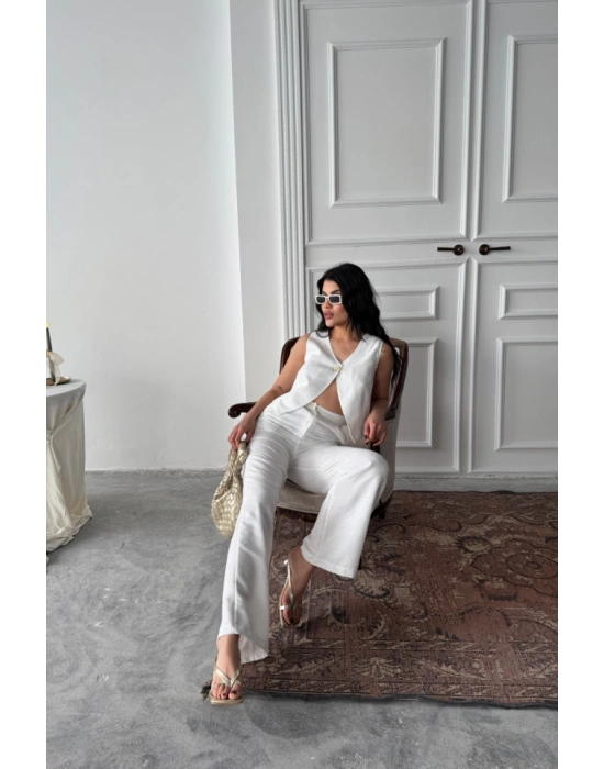 KETEN TEK DÜĞE YEEKPANTOON TAKI  Beyaz