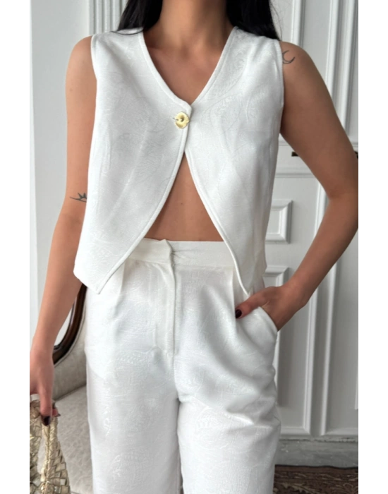 KETEN TEK DÜĞE YEEKPANTOON TAKI  Beyaz