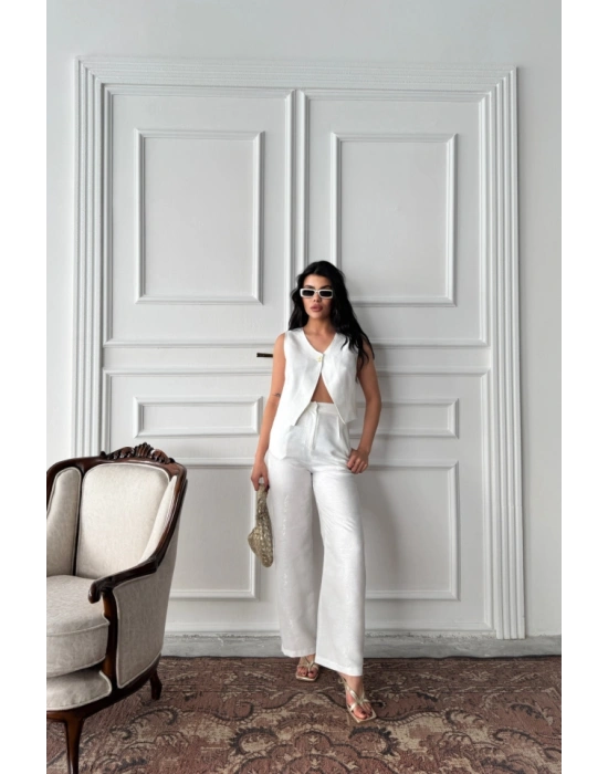 KETEN TEK DÜĞE YEEKPANTOON TAKI  Beyaz