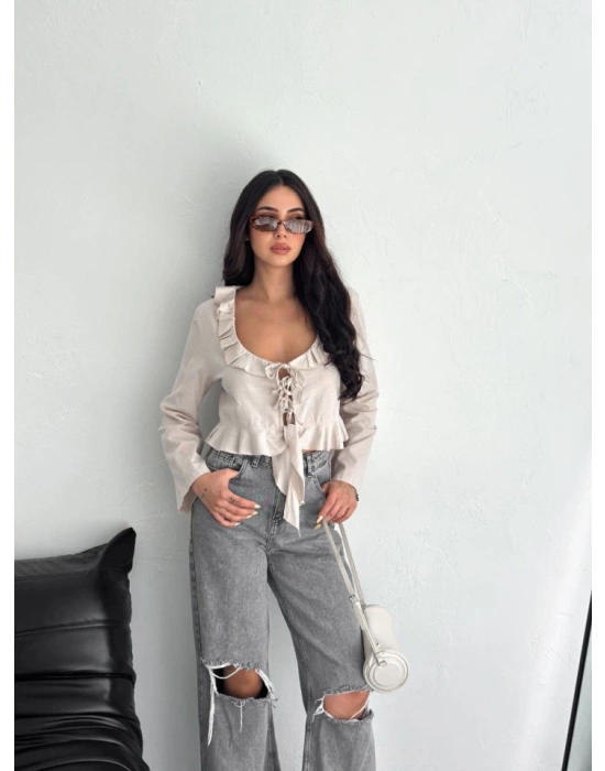 Keten Uzun Kol Bağacık Detaylı Bluz  Bej