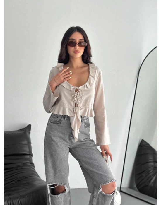 Keten Uzun Kol Bağacık Detaylı Bluz  Bej