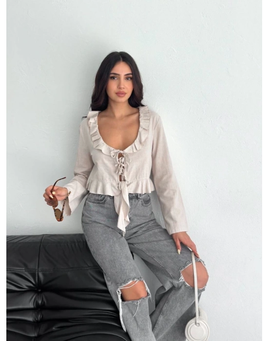 Keten Uzun Kol Bağacık Detaylı Bluz  Bej