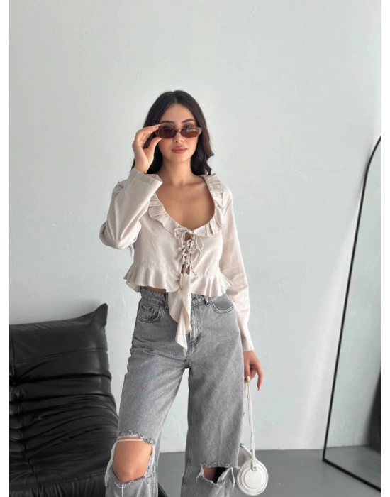 Keten Uzun Kol Bağacık Detaylı Bluz  Bej