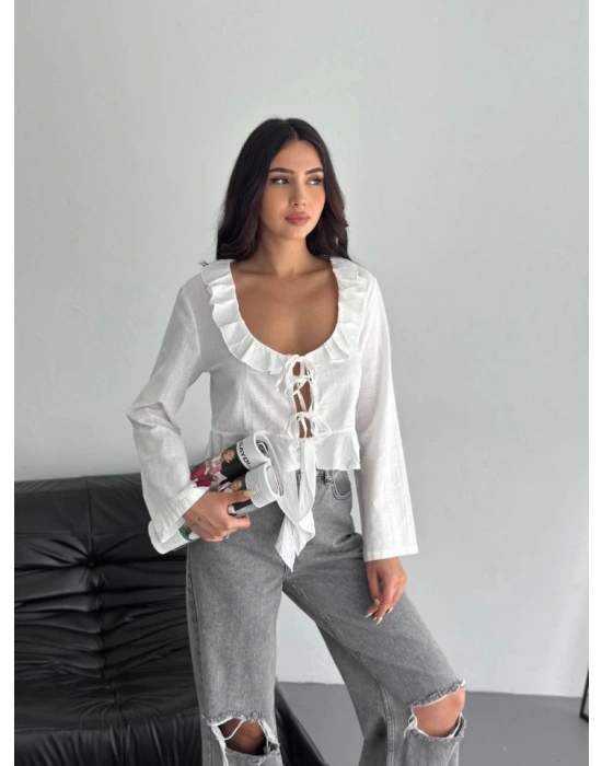 Keten Uzun Kol Bağacık Detaylı Bluz  Beyaz