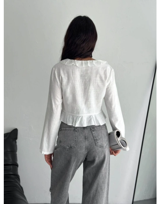 Keten Uzun Kol Bağacık Detaylı Bluz  Beyaz