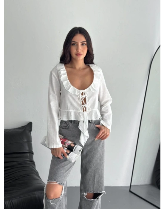 Keten Uzun Kol Bağacık Detaylı Bluz  Beyaz