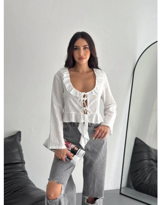 Keten Uzun Kol Bağacık Detaylı Bluz  Beyaz