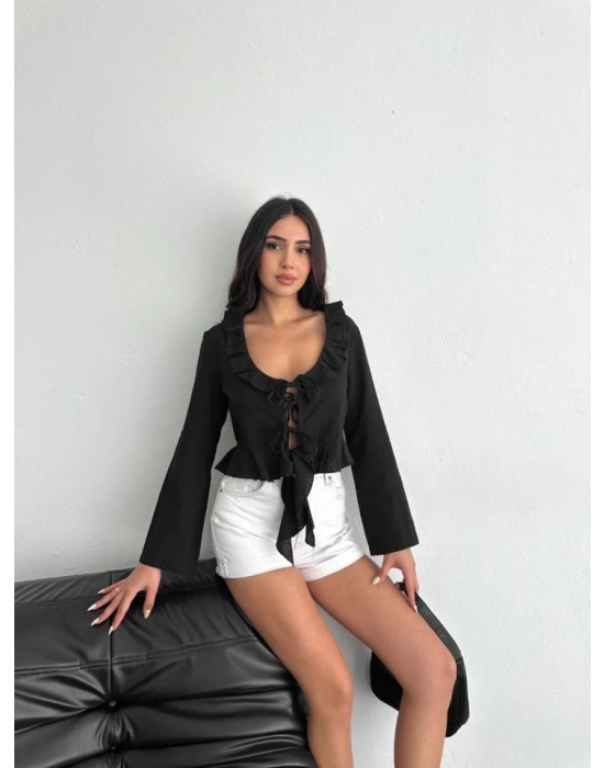 Keten Uzun Kol Bağacık Detaylı Bluz  iyah