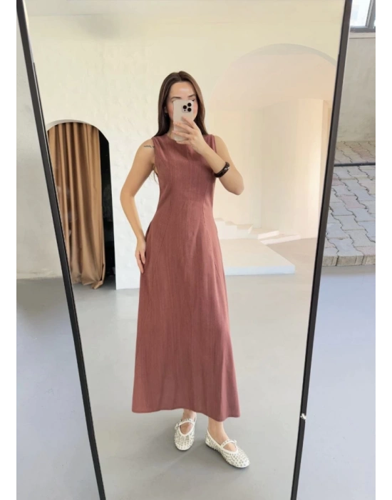 Keten Uzun Kolsuz Elbise Gül Kurusu