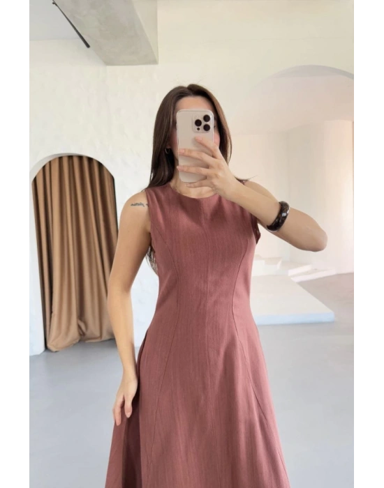 Keten Uzun Kolsuz Elbise Gül Kurusu