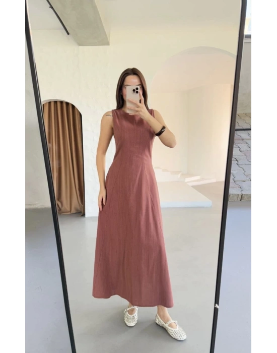Keten Uzun Kolsuz Elbise Gül Kurusu