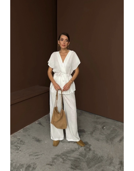 KETEN V YAKA BEDEN BAĞAAI BUZPANTOON TAKI  Beyaz