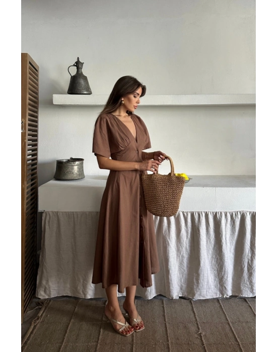KETEN V YAKA ÖNDEN DÜĞMELİ ELBİE  Kahverengi