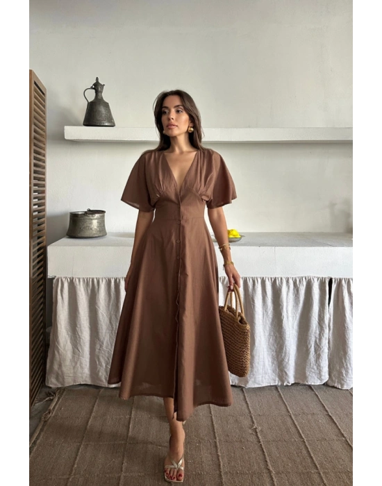 KETEN V YAKA ÖNDEN DÜĞMELİ ELBİE  Kahverengi