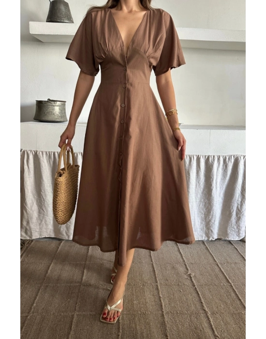 KETEN V YAKA ÖNDEN DÜĞMELİ ELBİE  Kahverengi