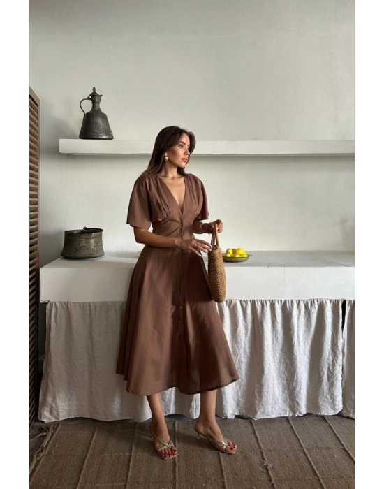 KETEN V YAKA ÖNDEN DÜĞMELİ ELBİE  Kahverengi