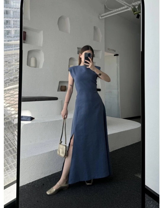 Keten Yandan Yırtmaçlı  Uzun ıfır Kolsuz Elbise  avi