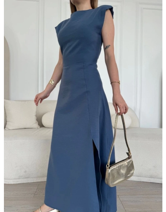 Keten Yandan Yırtmaçlı  Uzun ıfır Kolsuz Elbise  avi