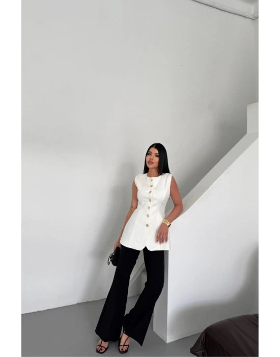 KETEN YELEK BELDEN OTURTMALIIRALI DÜĞME DETAYLI  Beyaz