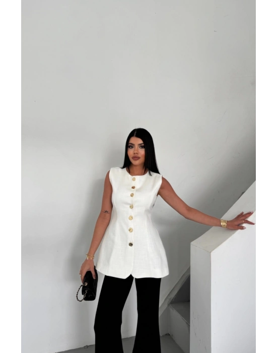 KETEN YELEK BELDEN OTURTMALIIRALI DÜĞME DETAYLI  Beyaz
