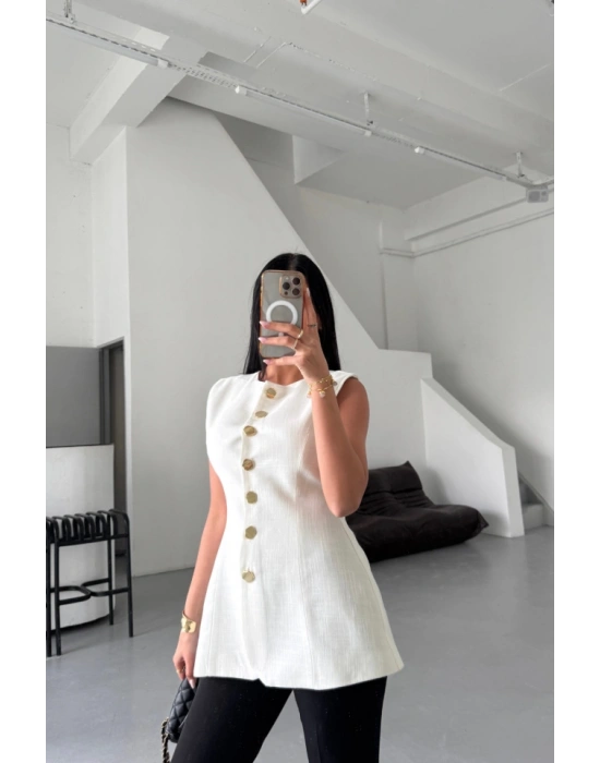 KETEN YELEK BELDEN OTURTMALIIRALI DÜĞME DETAYLI  Beyaz