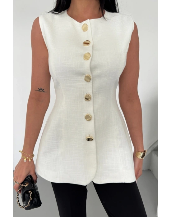 KETEN YELEK BELDEN OTURTMALIIRALI DÜĞME DETAYLI  Beyaz