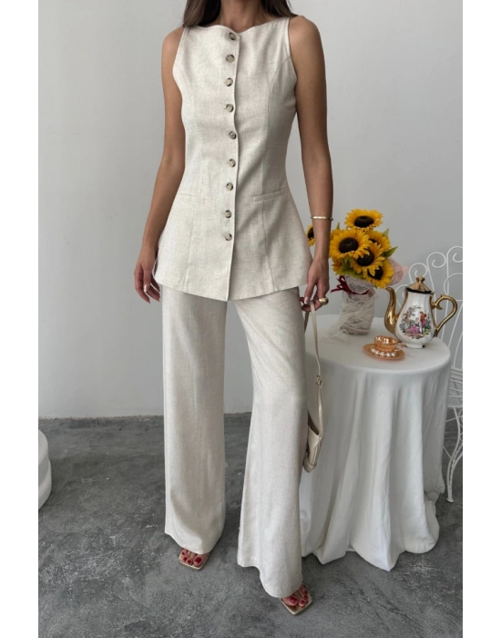 KETEN YELEK  PANTOLON TAKIM  Taş