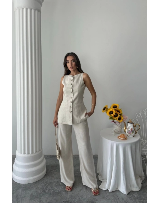 KETEN YELEK  PANTOLON TAKIM  Taş